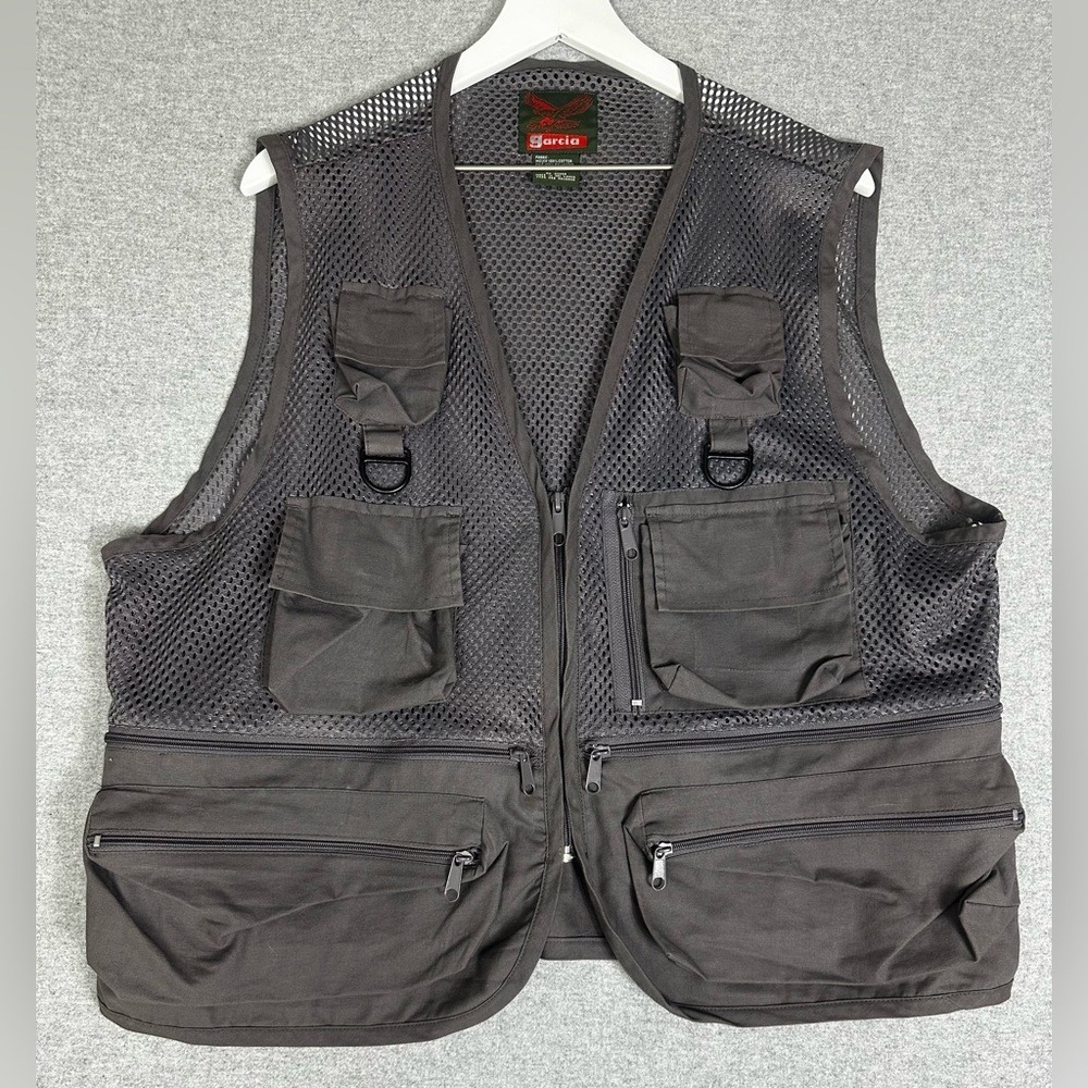 Garcia Utility Fishing Vest Mens L XL Gray Mesh Multi Pocket Outdoor Travel